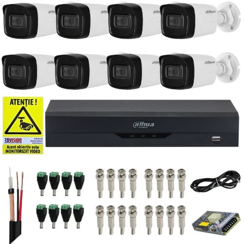 Dahua surveillance kit 8 cameras 4K 8MP IR 80m Microphone, 8-channel DVR 4K 8MP Audio AI functions, accessories + Rovision sticker