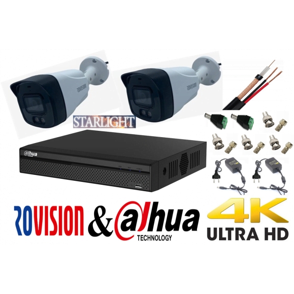 Video surveillance system with 2 cameras Dahua 8MP 4K, 4 channel DVR, accessories included